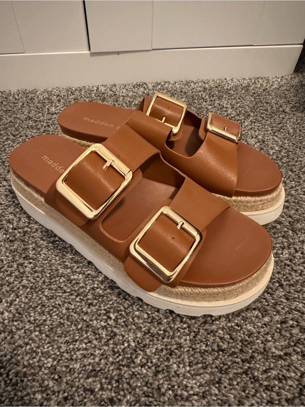 Madden Girl Tan Platform Espadrille Slide Sandals with Gold Buckles - Picture 2 of 6